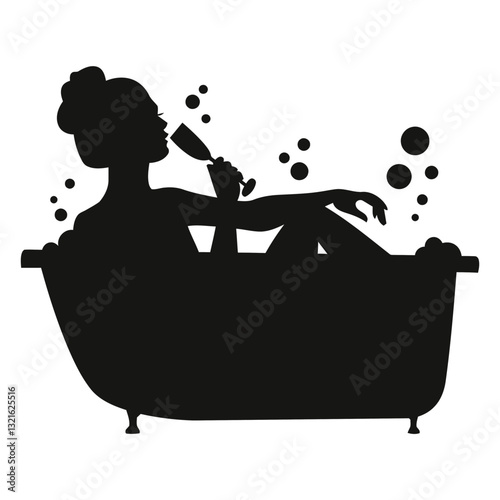 woman with champagne bathtub silhouette.eps