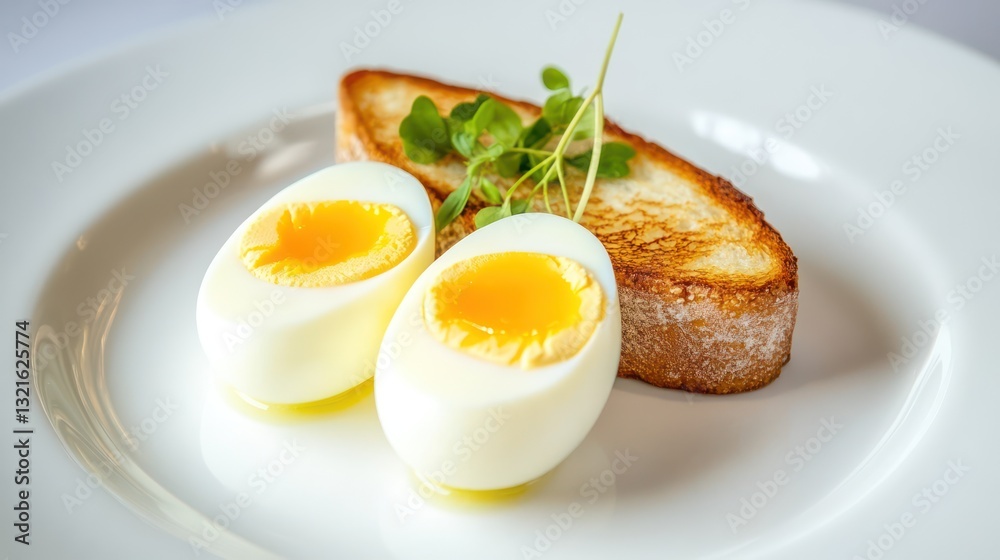 Soft-boiled eggs, toasted bread, garnish, white plate Soft-boiled eggs, toasted bread, garnish, white plate
