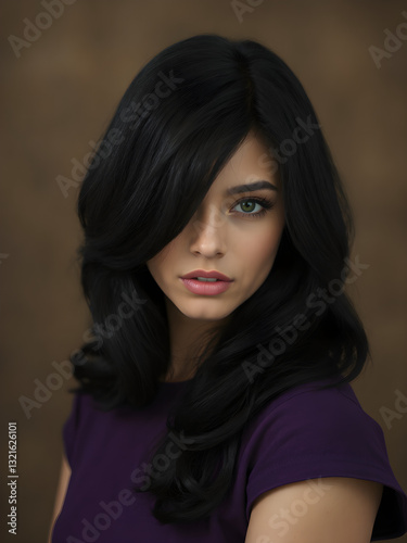 Modelo con un look misterioso y un vestido morado de ensueño.