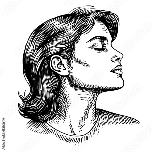 Elegant profile of a serene woman captured in finely detailed engraving style illustration suitable for tattoo art and packaging design