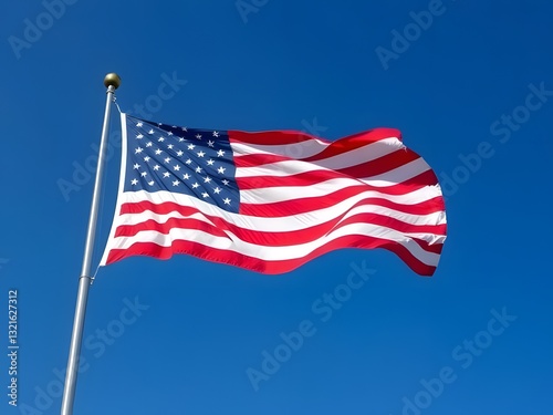 USA Flag Waving Against Blue Sky - American Patriotic Symbol, Independence Day, National Pride, Government