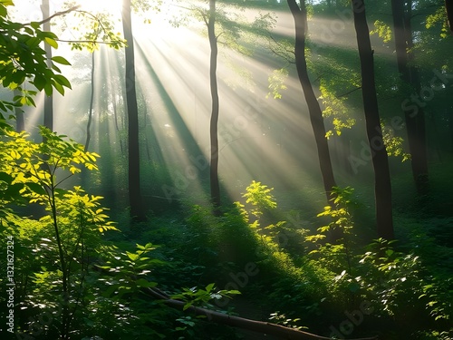 Sunlight Streaming Through Forest Trees, Nature Scenery, Sun Rays, Peaceful Woodland, Tranquil Woods, Green Foliage, Serene Environment.