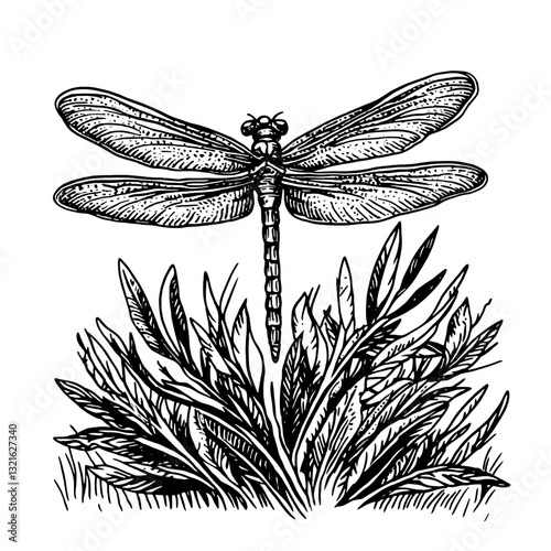 Intricate engraved illustration of a dragonfly resting amidst lush foliage in a serene natural setting
