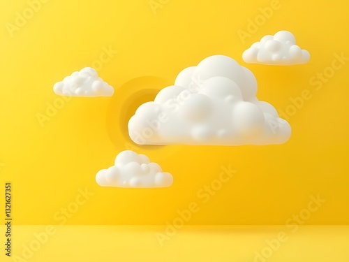 3D Render of White Clouds and Yellow Sun on a Yellow Background, Abstract Conceptual Design.