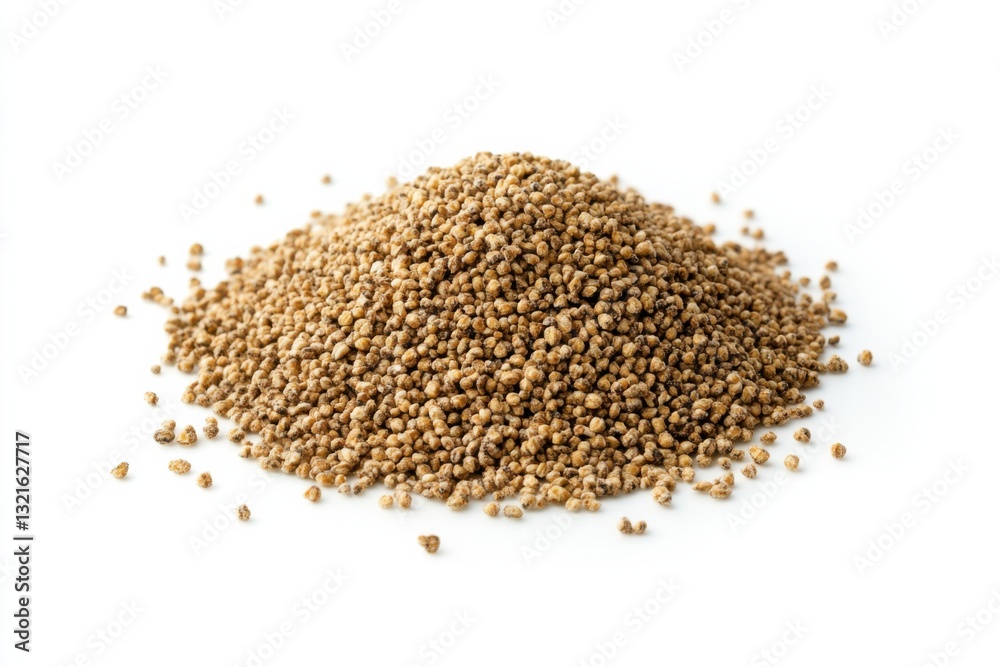 Pile of rye grains, top view, isolated on white background, high contrast, lifelike accuracy, commercial product photography Pile of rye grains, top view, isolated on white background, high contrast, lifelike accuracy, commercial product photography