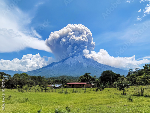 Volcano erupts with ash cloud over green landscape during daytime