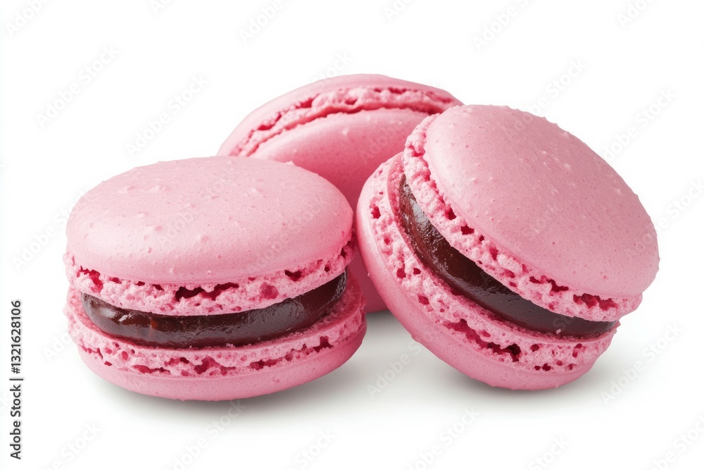 Three pink macarons on solid white background. Neural network AI generated Three pink macarons on solid white background. Neural network AI generated