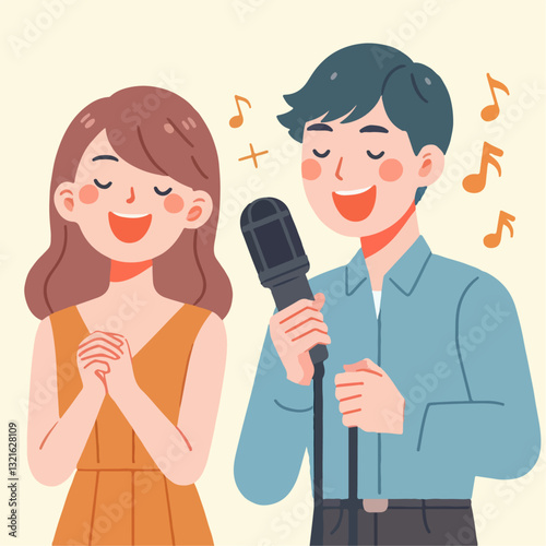 cartoon illustration of couple singing together