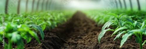 Fresh green seedlings thrive in rich black soil within a greenhouse, emphasizing the nurturing environment for plant growth and the essence of agriculture. photo
