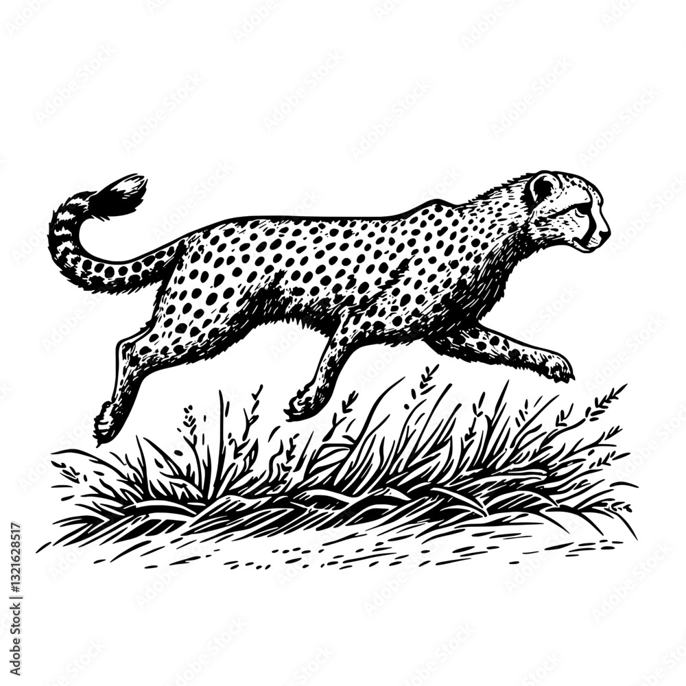 Obraz premium Dynamic running cheetah illustration in vintage engraved style for tattoo and packaging designs