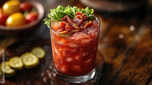 Wallpaper Mural A garnished Bloody Mary cocktail sits in a clear glass, featuring a vibrant reddish-brown liquid. Torontodigital.ca