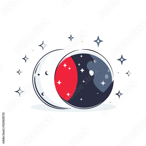 Vector illustration of two overlapping celestial spheres, symbolizing the moon and cosmos, with a red, black, and white design in a mystical, cosmic theme.
