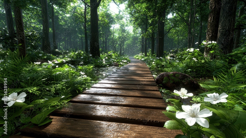Obraz premium Serene Forest Pathway with Wooden Planks Surrounded by Lush Greenery and Flowers