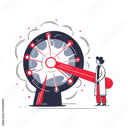 Vector illustration of a scientist operating a futuristic energy machine emitting powerful red beams, symbolizing innovation, technology, and scientific discovery in a modern style.