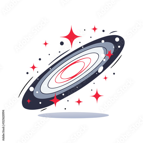 Vector illustration of a stylized spiral galaxy with glowing red stars, creating a dynamic and celestial cosmic-themed design.