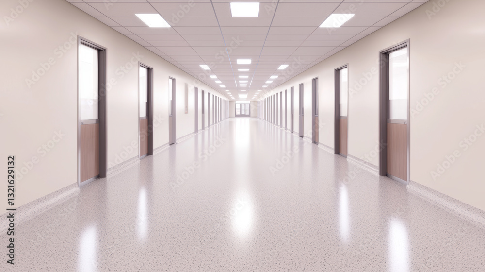 Healthcare innovation. long, empty hospital corridor with bright lighting and closed doors Healthcare innovation. long, empty hospital corridor with bright lighting and closed doors