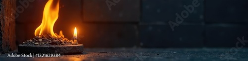 Lighter flame flickering in front of black granite tiles, warm glow, heat