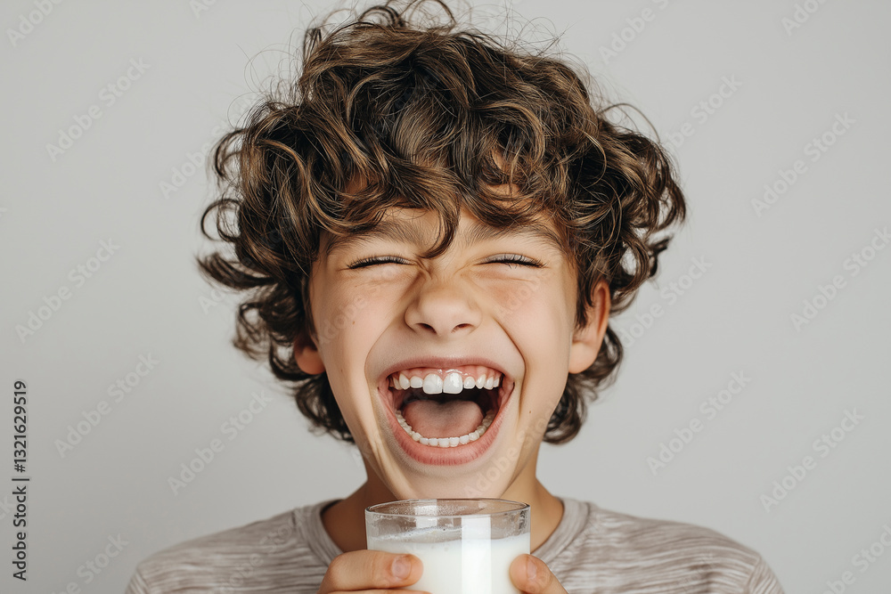 Cute boy drinking milk from a glass at home