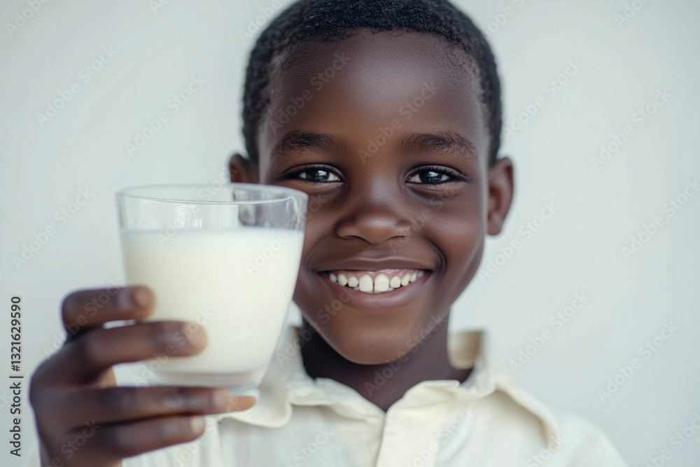 Cute boy holding a glass of milk and smiling