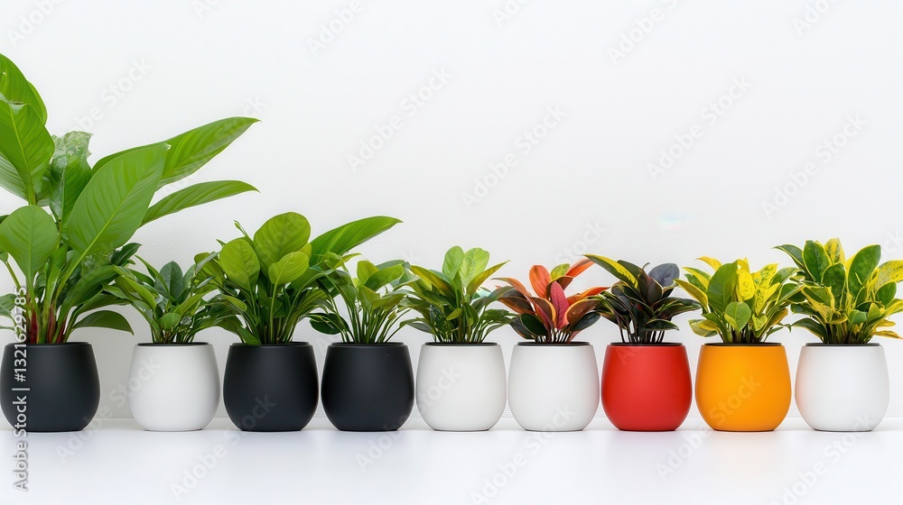 Fototapeta premium Colorful Indoor Plants in Modern Pots on White Surface Against Neutral Background