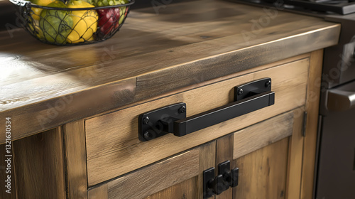 Wallpaper Mural Close-up of industrial farmhouse kitchen cabinet handles, featuring matte black hardware on distressed wood Torontodigital.ca