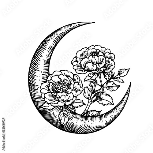 Elegant floral design featuring roses nestled within a crescent moon, perfect for tattoo enthusiasts and artistic packaging ideas