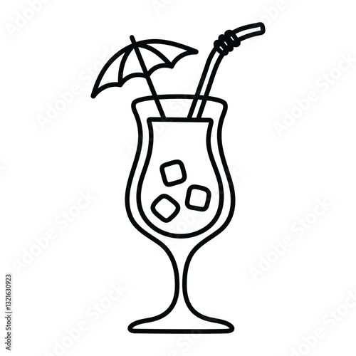 Tropical cocktail glass vector illustration. Summer drink with straw, umbrella, and ice cubes in doodle style. Black line art isolated on white background.
