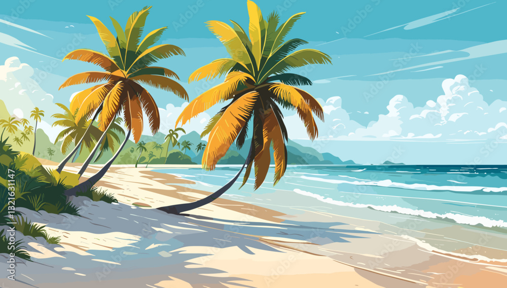 Fototapeta premium A beautiful beach scene with palm trees and a blue ocean. Scene is peaceful and relaxing