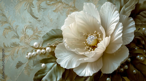 3D wallpaper, an elegant white flower with pearls and diamonds, baroque-style leaves on the background