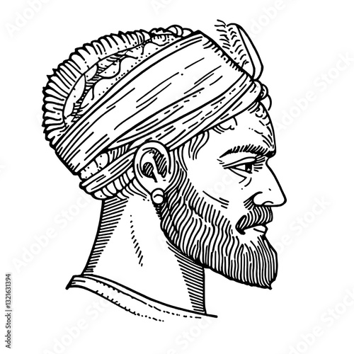 Intricate vector illustration of a noble figure with detailed headgear and features, perfect for tattoos or packaging designs