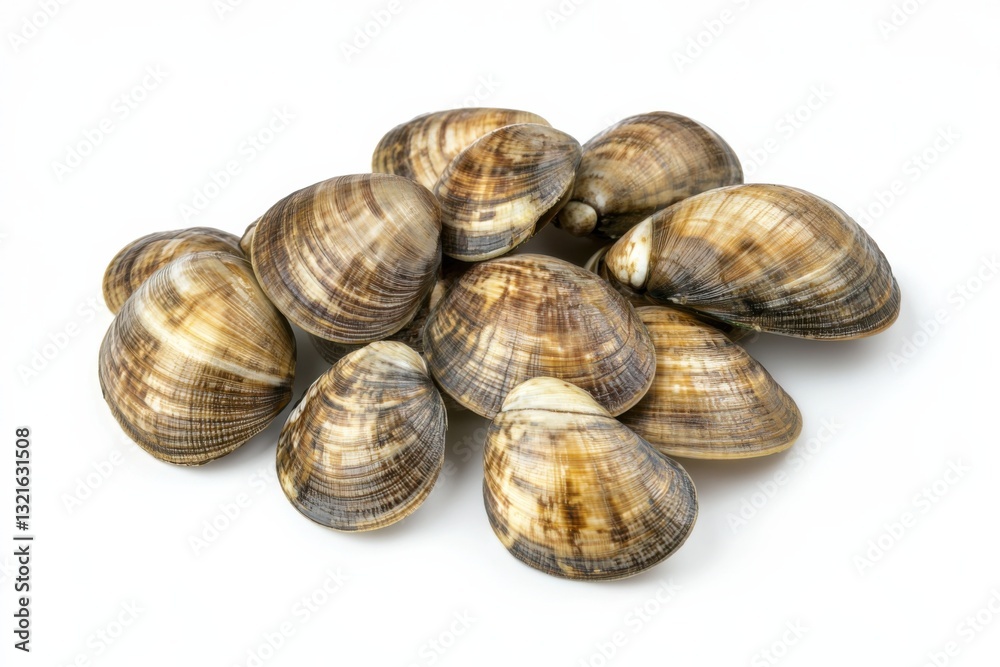 Raw clams, top view, isolated on white, high contrast, lifelike accuracy, commercial food photography Raw clams, top view, isolated on white, high contrast, lifelike accuracy, commercial food photography