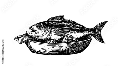 Illustration of a detailed engraved fish in a bowl surrounded by eggs, suitable for tattoos and artistic designs