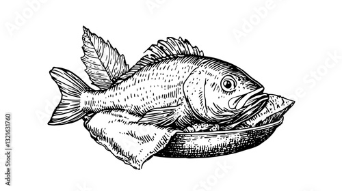 Engraved illustration of a fish on a platter showcasing intricate details perfect for tattoo or packaging designs