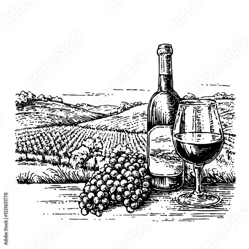 Capturing the essence of vineyard life with engraved wine bottle and glass surrounded by lush grapevines