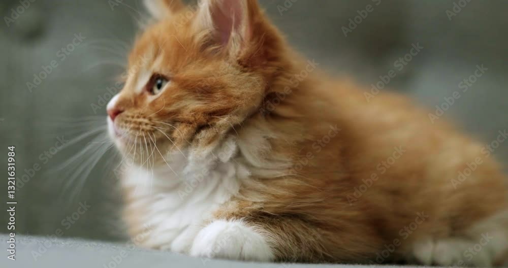 Portrait cute little ginger Kitten waiting for food, Little striped red cat siting on sofa at home licking and looking at camera, Portrait cute little ginger Kitten waiting for food, Little striped red cat siting on sofa at home licking and looking at camera,