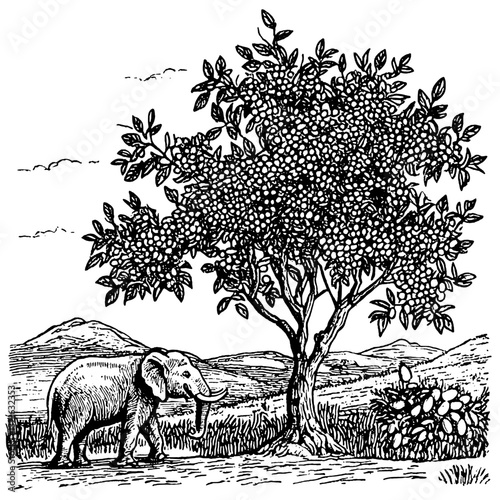 Engraved elephant wandering beneath a lush tree in a tranquil landscape under a clear sky