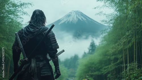 Samurai's Journey: A misty Mount Fuji backdrop