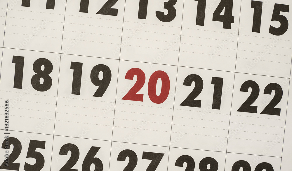 twentieth day of the month in the calendar in red color. 20th. Day 20 is a holiday