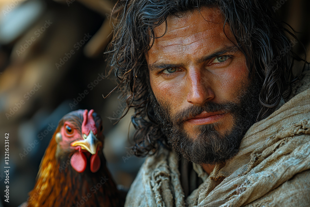 Actor playing Peter denies knowing Jesus three times before rooster crows loudly nearby. Concept of memorized lines.