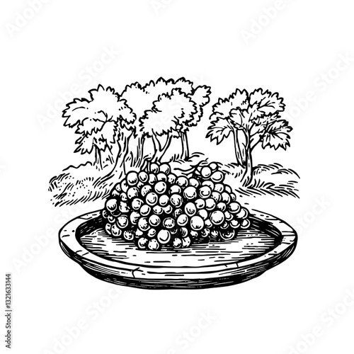 Detailed engraving of a bountiful grape harvest set against a tranquil orchard landscape