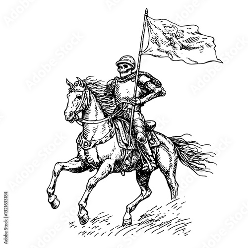 Engraved vector illustration of a skeletal knight on horseback waving a flag in a dramatic and stylized manner