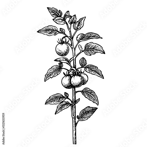 Engraved illustration of a tomato plant adorned with fruits and leaves for creative tattoo and packaging designs