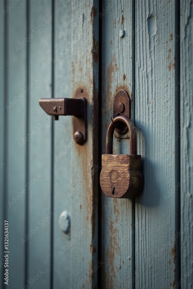 Rustic Weathered Door with Padlock and Latch Showing Signs of Age and Time Rustic Weathered Door with Padlock and Latch Showing Signs of Age and Time