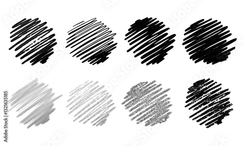 Eight variations of round hatched backgrounds. Textured circles. Doodles and squiggles. Vector set