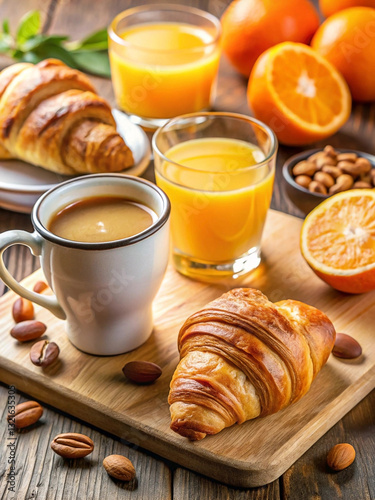 Delicious breakfast with croissants, coffee, and orange juice