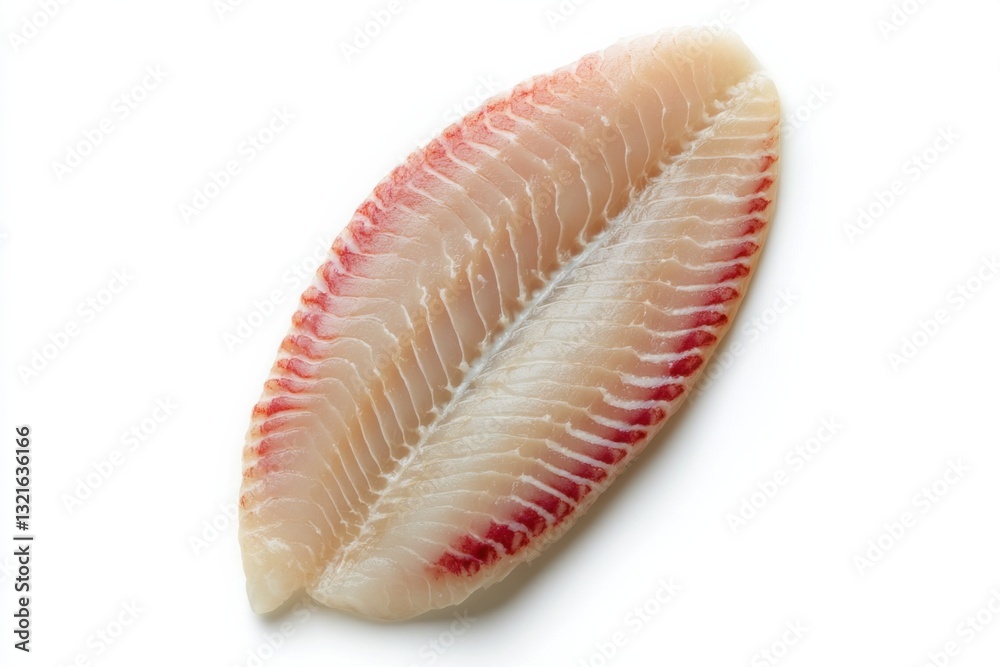 Raw tilapia fillet, isolated on white background, top view, high contrast, commercial food photography Raw tilapia fillet, isolated on white background, top view, high contrast, commercial food photography