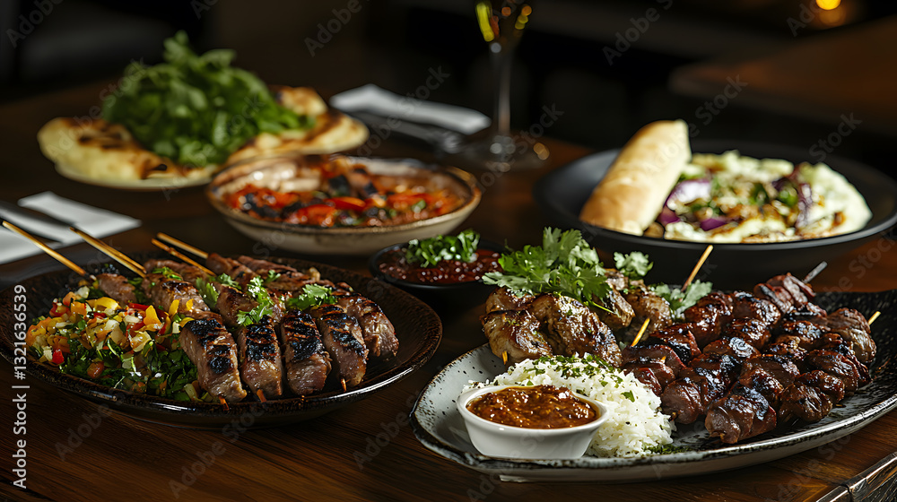Fototapeta premium Delicious Middle Eastern Mezze Platter with Grilled Lamb Skewers and Rice