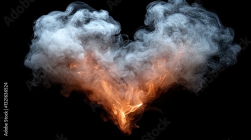 A vibrant heart shape is created by swirling smoke and flickering flames. The contrast against the dark background highlights the intricate details of the fiery formation