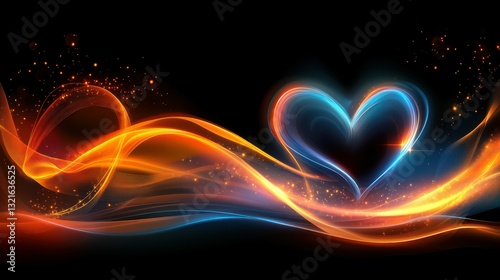 Flames of vibrant orange and blue swirl together to form a heart shape, illuminated by tiny sparkling lights against a dark backdrop, creating a romantic atmosphere