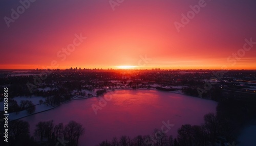 Winter sunrise over city and frozen lake